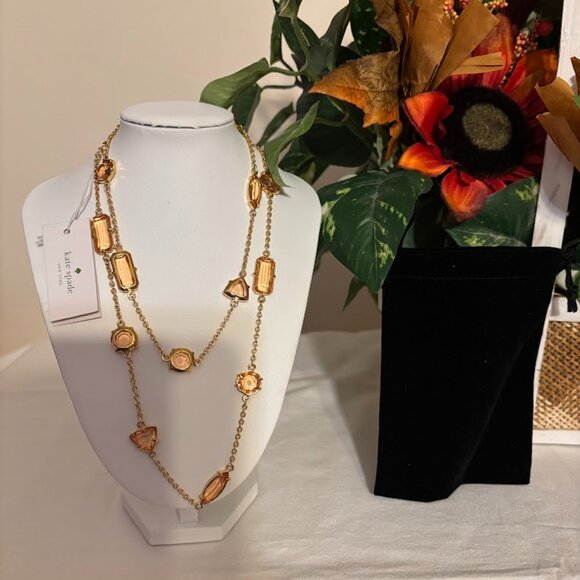 Beautiful Kate Spade Peach Color Necklace (34") in Gold Tone with pouch - Picture 1 of 16